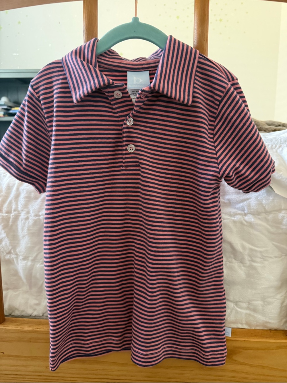 Bella Bliss Polo Shirt size 6 short sleeve navy pink stripes 100% cotton preppy